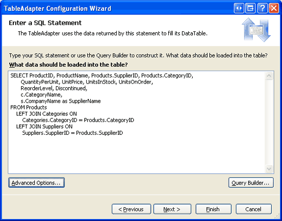 显示 TableAdaptor 配置向导窗口的屏幕截图，其中输入了包含 JON 的查询。