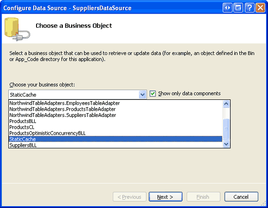 将 ObjectDataSource 配置为使用 StaticCache 类