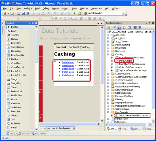 图 2：将 SectionLevelTutorialListing.ascx 用户控件添加到 Default.aspx