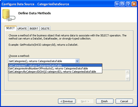 配置 ObjectDataSource 以使用 CategoriesBLL 类 getCategories () 方法