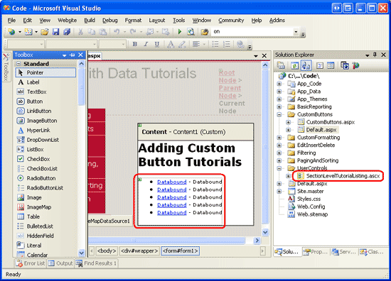 将 SectionLevelTutorialListing.ascx 用户控件添加到 Default.aspx