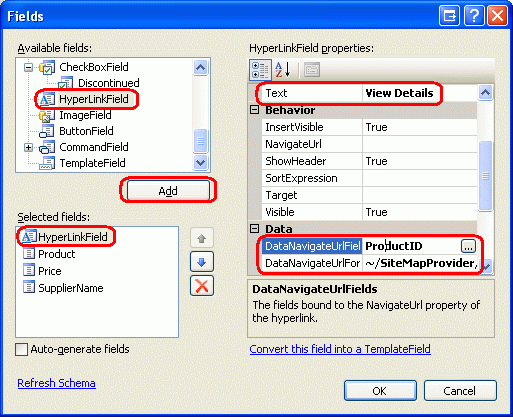 添加指向ProductDetails.aspx的视图详细信息 HyperLinkField