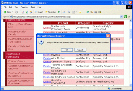 单击 GridView 的“删除”按钮显示自定义确认对话框