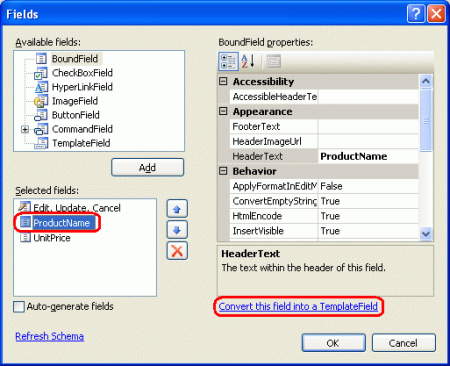 将 DetailsView 的每个和 GridView 的 BoundFields 转换为 TemplateFields