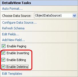 显示“DetailsView 任务”窗口的屏幕截图，其中选中了“启用插入”、“启用编辑”和“启用删除”复选框。