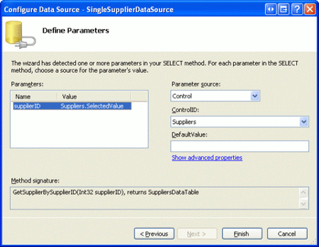 使用 Suppliers DropDownList 作为 supplierID 参数源