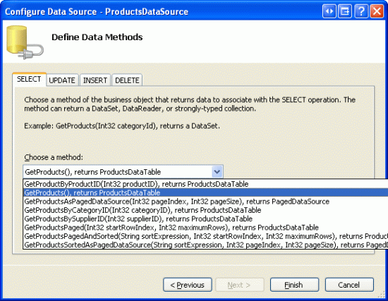 配置 ObjectDataSource 以使用 GetProducts () 方法检索数据