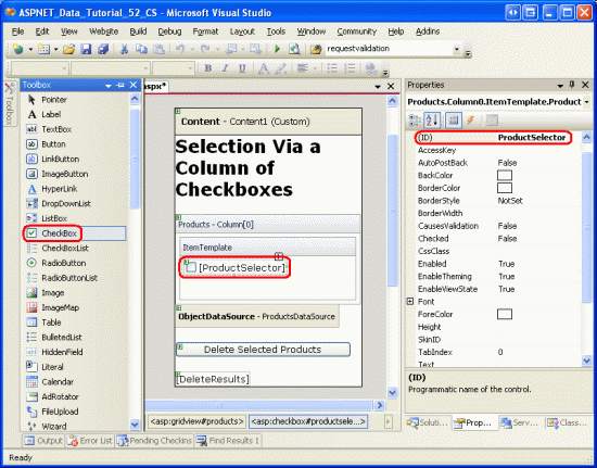 将 CheckBox Web 控件 Named ProductSelector 添加到 TemplateField s ItemTemplate