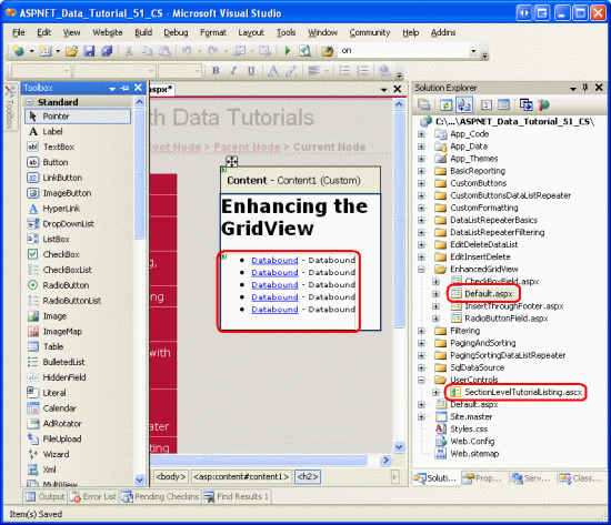 将 SectionLevelTutorialListing.ascx 用户控件添加到 Default.aspx