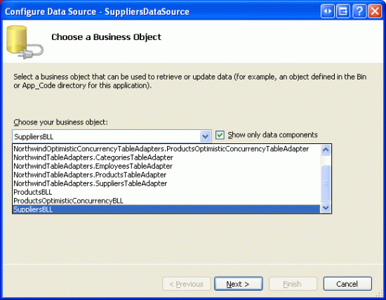 “配置数据源 - SuppliersDataSource”窗口的屏幕截图，其中打开了业务对象下拉菜单。选择“SuppliersBLL”并突出显示了“下一步”按钮。