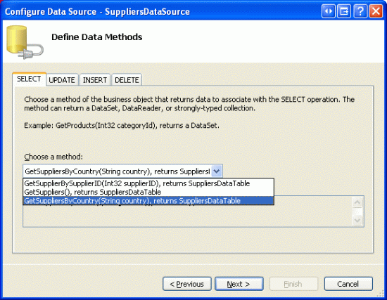 “SELECT”选项卡上的“配置数据源 - SuppliersDataSource”窗口的屏幕截图，其中打开了方法下拉菜单。方法选项 GetSupplierByCountry 处于选中状态，并突出显示了“下一步”按钮。