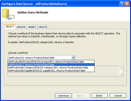 配置 ObjectDataSource 以调用 GetProducts（） 方法