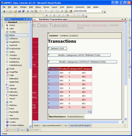 页面包含一个 GridView 和三个按钮 Web 控件