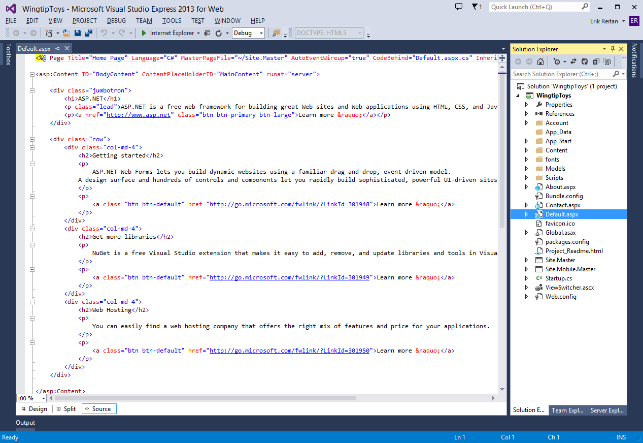 Microsoft Visual Studio Express 2013 for Web 窗口的屏幕截图，其中显示了“Default.aspx”页面。