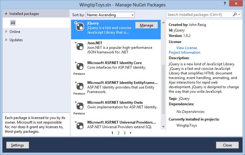 “管理 NuGet 包”窗口的屏幕截图，其中突出显示了 jQuery。