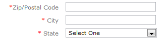 显示窗体上的城市、州和邮政编码字段的屏幕截图。