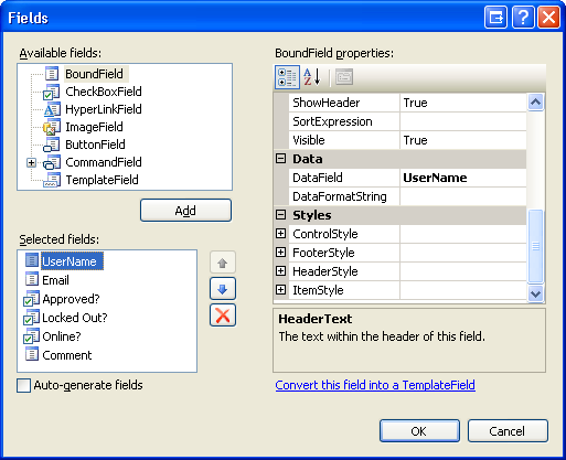 将三个 BoundFields 和三个 CheckBoxFields 添加到 GridView