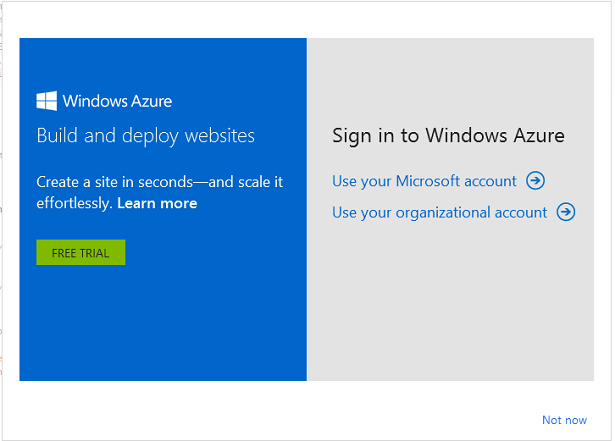 Microsoft Windows Azure 登录对话框的屏幕截图，其中显示了 Microsoft 帐户和组织帐户登录。