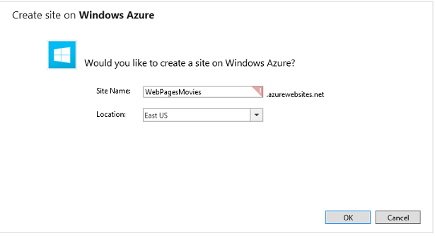 “在 Windows Azure 上创建站点”窗口的屏幕截图，其中显示默认名称不可用，如红色感叹号所示。