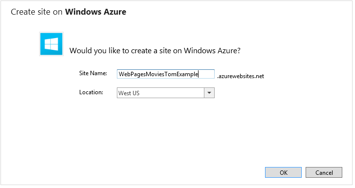 “在 Windows Azure 上创建站点”窗口的屏幕截图，其中显示了“站点名称”字段中已更改的站点名称。