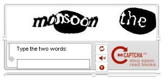 ReCaptcha 服务生成的 Captcha 测试的屏幕截图，其中显示了两个扭曲的字词和一个用于用户验证的文本字段。