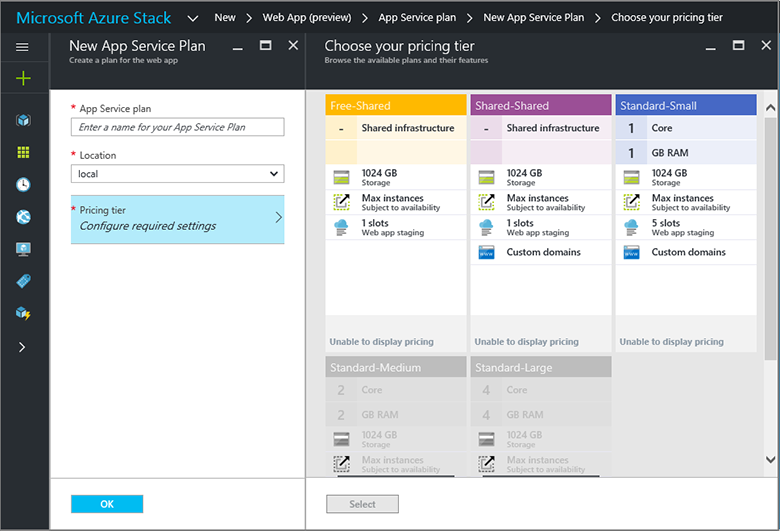 Azure Stack Hub 管理员门户中的新应用服务计划的定价层