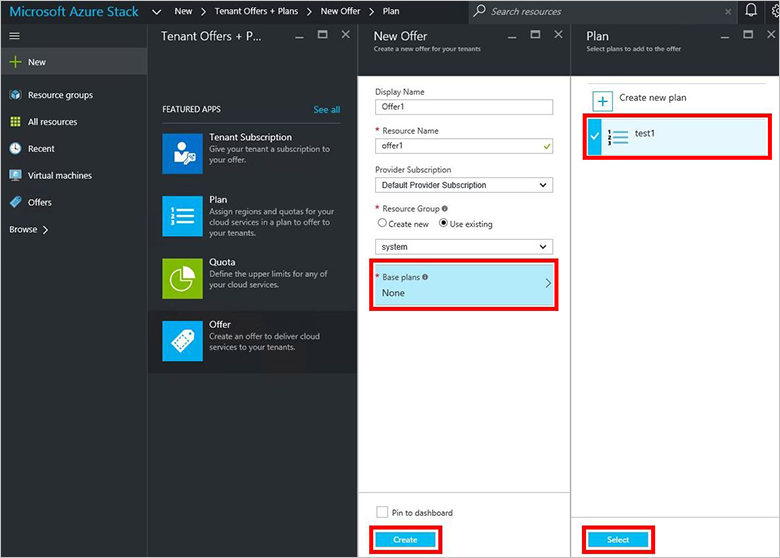 此屏幕截图显示了如何选择要包含在 Azure Stack Hub 套餐中的计划。