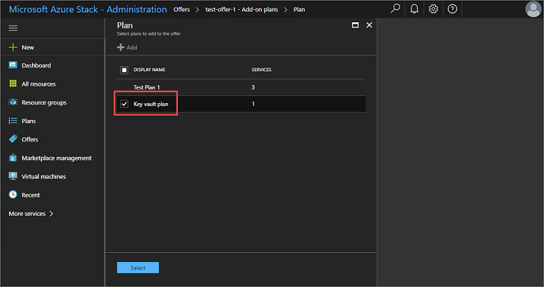 在 Azure Stack 管理员门户中选择要添加的附加计划