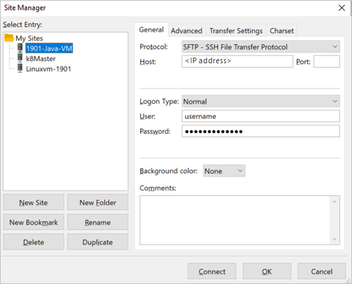 FileZilla 站点管理器窗格