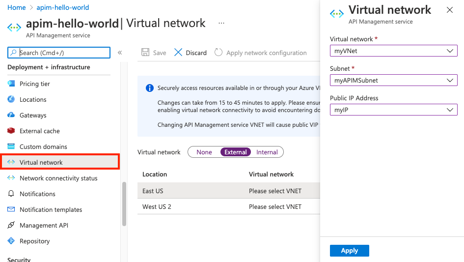 门户中的 VNET 设置。