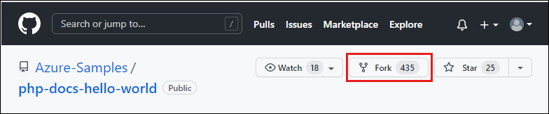 GitHub 中 Azure-Samples/php-docs-hello-world 存储库的屏幕截图，其中突出显示了“分支”选项。
