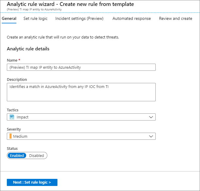 Screenshot that shows creating an Analytic rule.