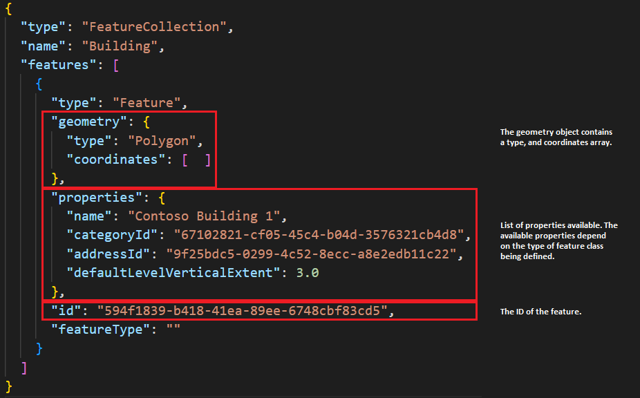 显示 GeoJSON 文件中的几何图形和 ID 字段的屏幕截图。