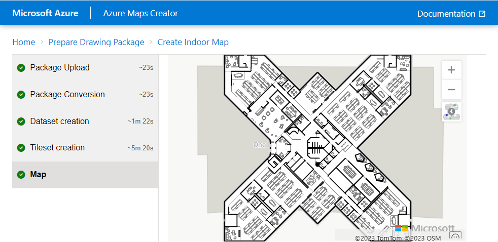 屏幕截图显示 Azure Maps Creator 载入工具的地图屏幕。