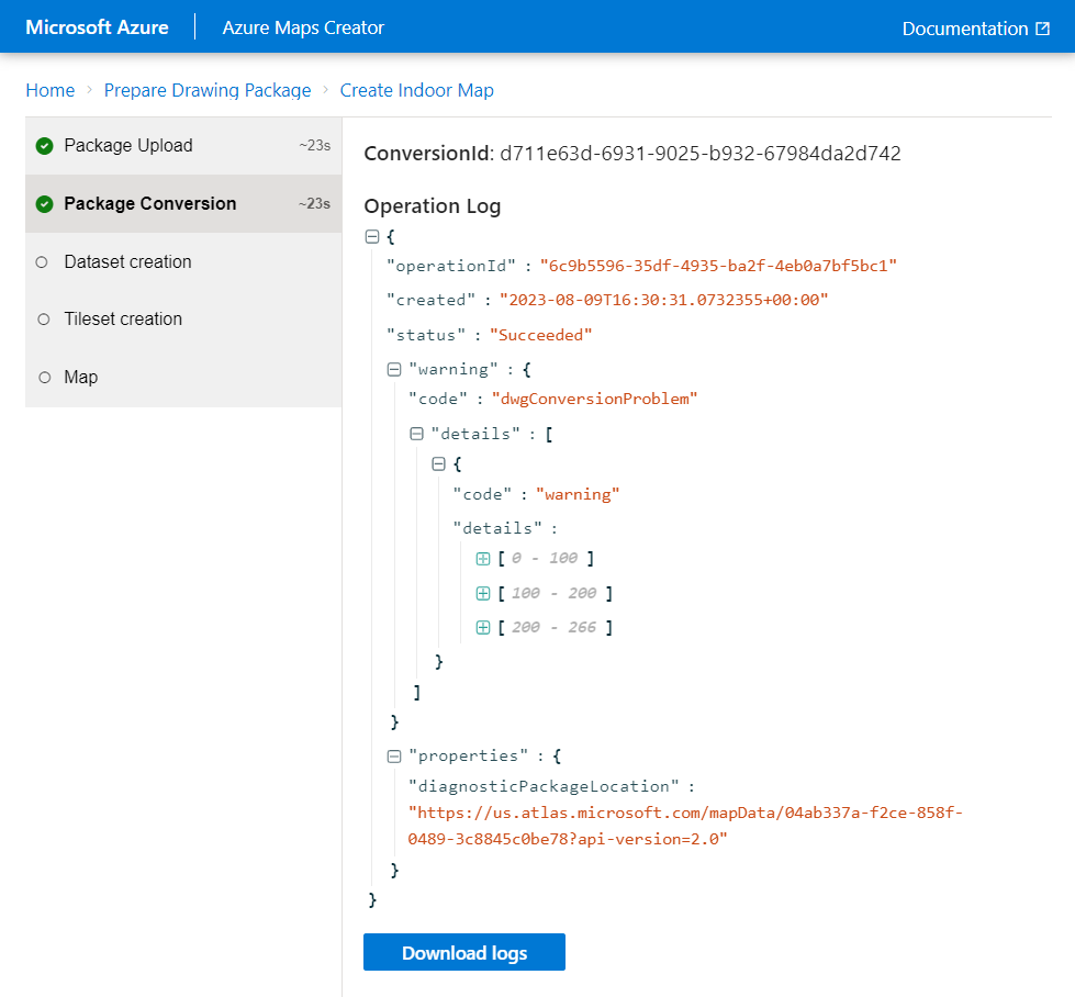 屏幕截图显示 Azure Maps Creator 载入工具的绘图包转换屏幕，其中包括转换 ID 值。