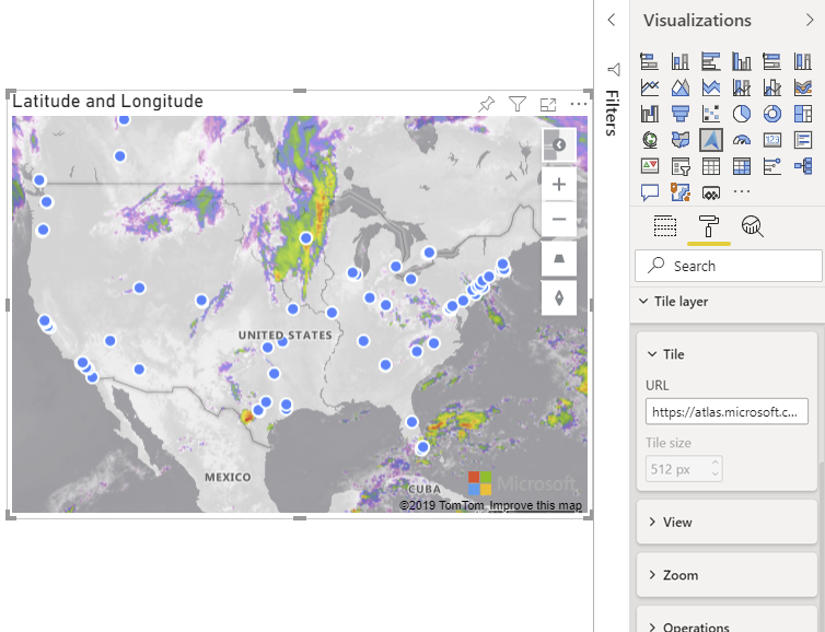 在图块层上方显示气泡层的地图，气泡上显示来自 Azure Maps 的当前红外天气数据。