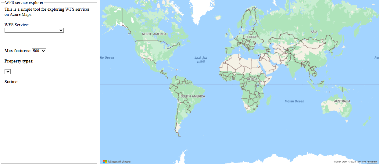 屏幕截图显示了一个简单工具，可用于在 Azure Maps 上浏览 WFS 服务。