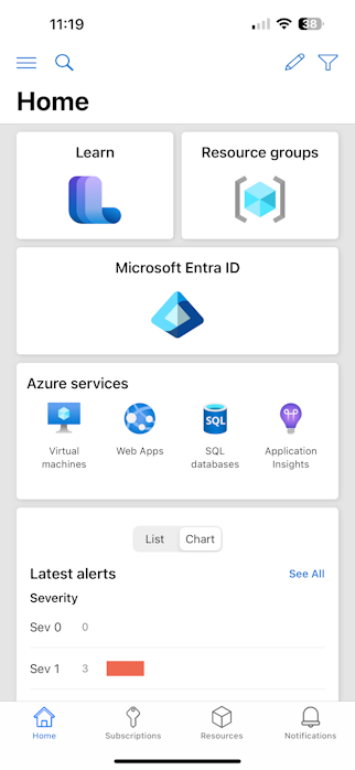 Azure 移动应用主屏幕的屏幕截图，其中包含多个显示卡。