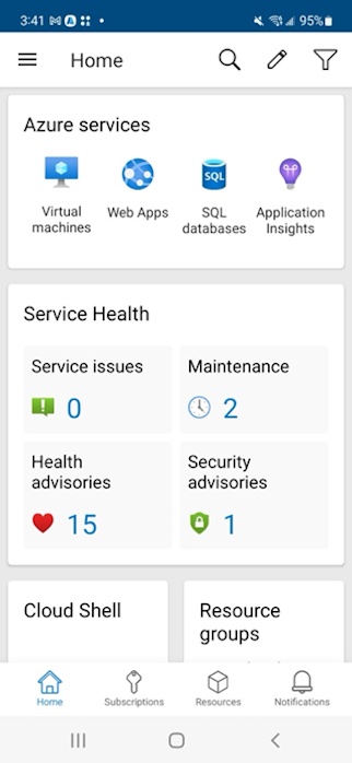 Azure 移动应用主屏幕的屏幕截图，其中包含按新顺序显示的多个显示卡。