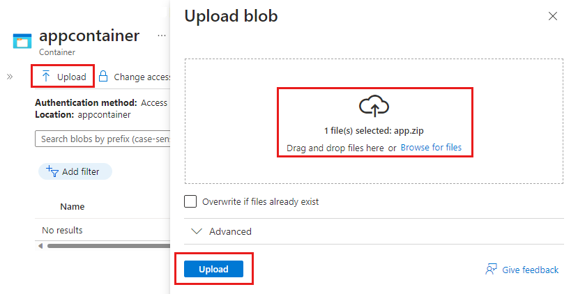 用于将 zip 文件上传到存储帐户的 appcontainer 的屏幕截图。