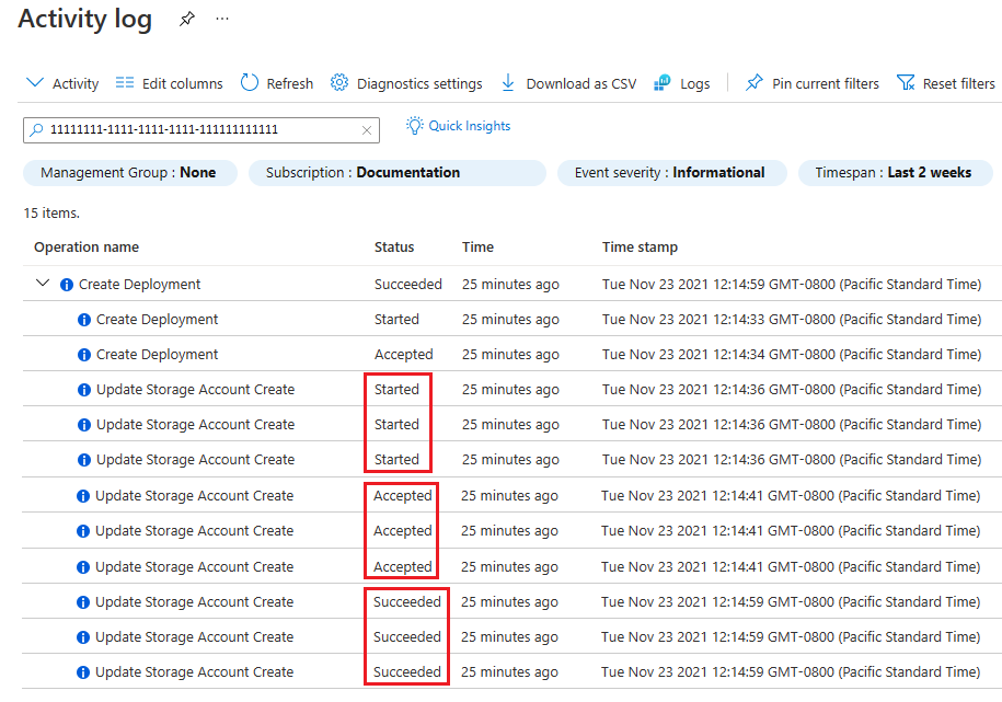 Azure 门户活动日志的屏幕截图，其中平行显示了部署的三个存储帐户，并显示了相应时间戳和状态。