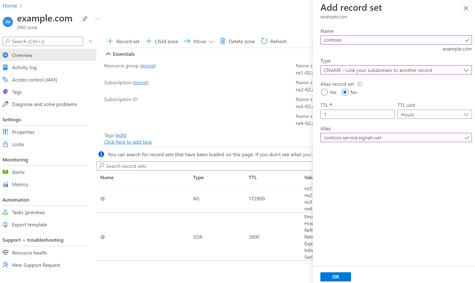 显示在 Azure DNS 区域中添加 CNAME 记录的屏幕截图。