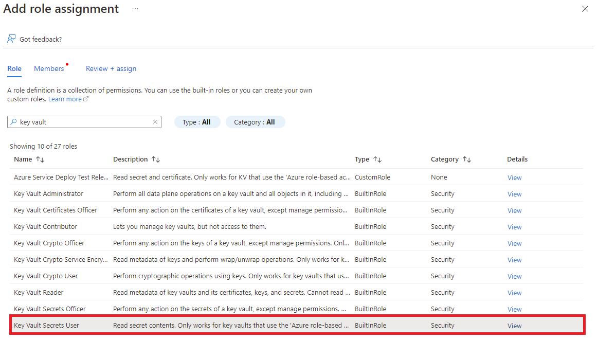 将角色分配添加到 Key Vault 时“角色”选项卡的屏幕截图。