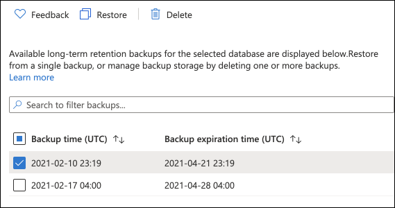 Azure 门户的屏幕截图，可在其中查看可用 LTR 备份。