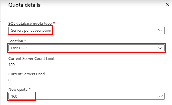 Azure 门户的屏幕截图，服务器配额详细信息。