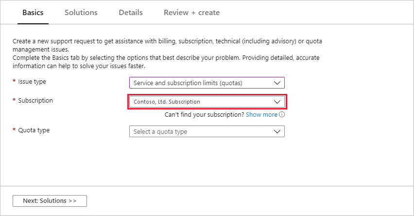 Azure 门户的屏幕截图，选择增加配额的订阅。