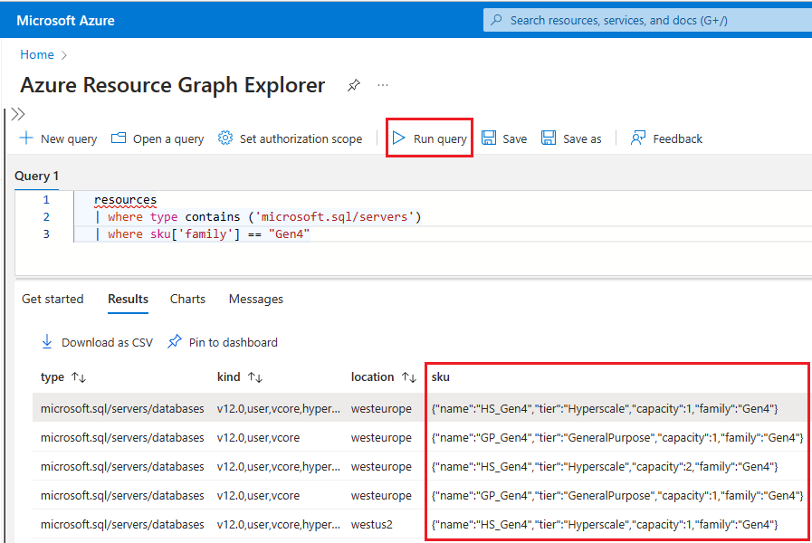 Azure 门户中 Azure Resource Graph 资源管理器的屏幕截图，其中显示了用于识别 Gen4 硬件的查询结果。