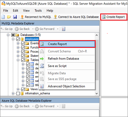 SSMA for MySQL 中“创建报表”链接的屏幕截图。