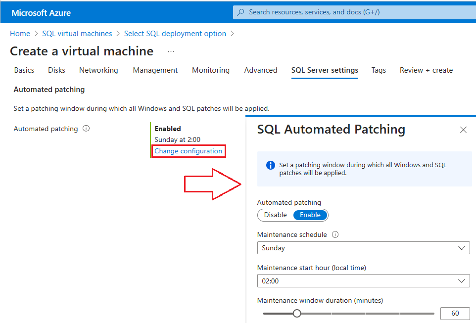 Azure 门户中的 SQL 自动修补屏幕截图。