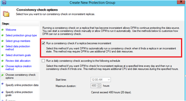 Screenshot shows how to schedule the consistency check.